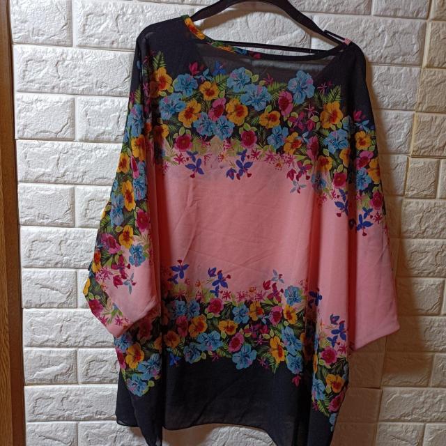 USED★美品★シフォン花柄ドルマン五分袖トップス/ピンク系 < 女性ファッション  USED★美品★シフォン花柄ドルマン五分袖トップス/ピンク系 < 女性ファッションの