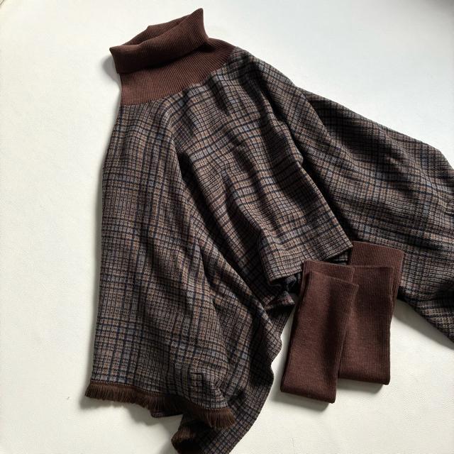 ◆美品◆モラビト◆チェックポンチョ◆アームカバー付き◆ブラウン◆ウール系◆フリー < 女性ファッション ◆美品◆モラビト◆チェックポンチョ◆アームカバー付き◆ブラウン◆ウール系◆フリー < 女性ファッションの