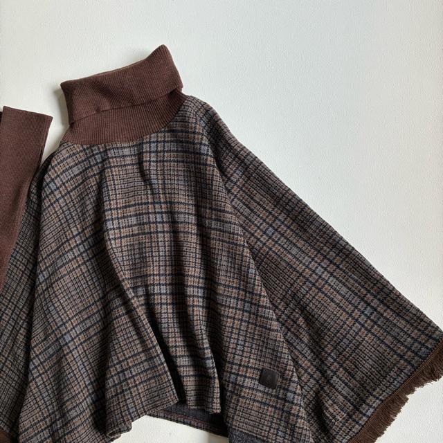 ◆美品◆モラビト◆チェックポンチョ◆アームカバー付き◆ブラウン◆ウール系◆フリー < 女性ファッション ◆美品◆モラビト◆チェックポンチョ◆アームカバー付き◆ブラウン◆ウール系◆フリー < 女性ファッションの