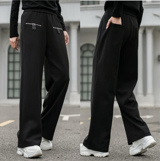 トレーナーパンツ ファスナー付きポケット ワイドパンツ ブラック 大きいサイズ < 女性ファッション トレーナーパンツ ファスナー付きポケット ワイドパンツ ブラック 大きいサイズ < 女性ファッションの