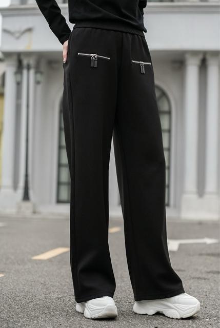 トレーナーパンツ ファスナー付きポケット ワイドパンツ ブラック 大きいサイズ < 女性ファッション トレーナーパンツ ファスナー付きポケット ワイドパンツ ブラック 大きいサイズ < 女性ファッションの