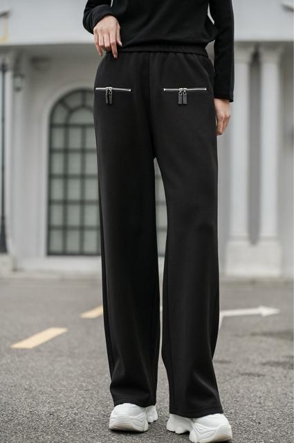 トレーナーパンツ ファスナー付きポケット ワイドパンツ ブラック 大きいサイズ < 女性ファッション トレーナーパンツ ファスナー付きポケット ワイドパンツ ブラック 大きいサイズ < 女性ファッションの