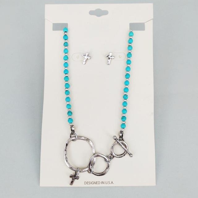 新品 アンティーク調ターコイズ十字架ネックレス・ピアス < 女性アクセサリー/時計  新品 アンティーク調ターコイズ十字架ネックレス・ピアス  < 女性アクセサリー/時計の