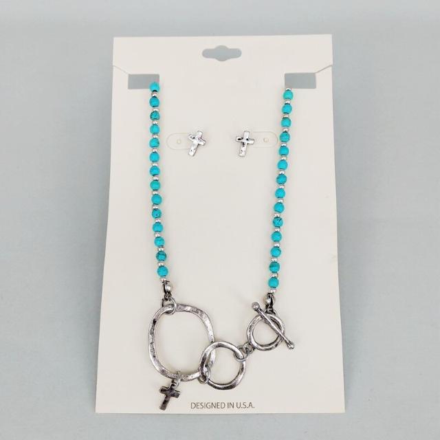 新品 アンティーク調ターコイズ十字架ネックレス・ピアス < 女性アクセサリー/時計  新品 アンティーク調ターコイズ十字架ネックレス・ピアス < 女性アクセサリー/時計の