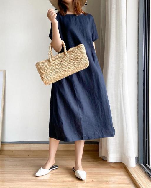 レディース ワンピース ロング丈 ナチュラル 無地 体型カバー 半袖 L < 女性ファッション レディース ワンピース ロング丈 ナチュラル 無地 体型カバー 半袖 L < 女性ファッションの