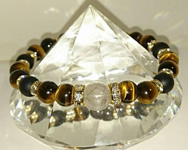 金運☆プラチナルチル&タイガーアイ&フロストオニキス☆ブレス☆18p < 男性アクセサリー/時計  金運☆プラチナルチル&タイガーアイ&フロストオニキス☆ブレス☆18p < 男性アクセサリー/時計の