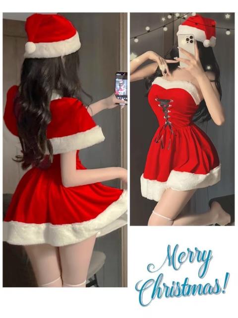 クリスマスコスチュームサンタドレスケープと帽子付きノースリーブの膝丈ワンピース < 女性ファッション クリスマスコスチュームサンタドレスケープと帽子付きノースリーブの膝丈ワンピース < 女性ファッションの