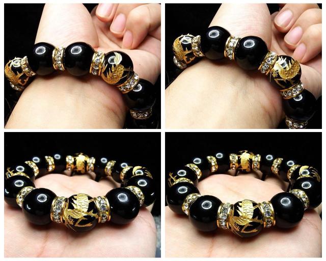 幸運武士麒麟手彫り18mmオニキス金箔高級ロンデルブレスレット < 男性アクセサリー/時計  幸運武士麒麟手彫り18mmオニキス金箔高級ロンデルブレスレット < 男性アクセサリー/時計の