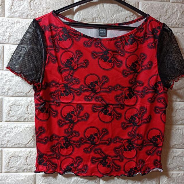 新品★スカル柄ショート丈袖メッシュ半袖T/レッド/M < 女性ファッション  新品★スカル柄ショート丈袖メッシュ半袖T/レッド/M < 女性ファッションの