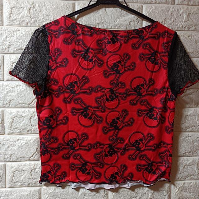 新品★スカル柄ショート丈袖メッシュ半袖T/レッド/M < 女性ファッション  新品★スカル柄ショート丈袖メッシュ半袖T/レッド/M < 女性ファッションの