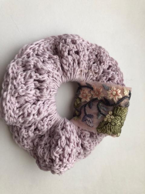 ハンドメイド 二重シュシュ コットン ラベンダー インドレース < 女性ファッション  ハンドメイド 二重シュシュ コットン ラベンダー インドレース < 女性ファッションの