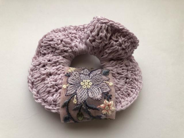 ハンドメイド 二重シュシュ コットン ラベンダー インドレース < 女性ファッション  ハンドメイド 二重シュシュ コットン ラベンダー インドレース < 女性ファッションの