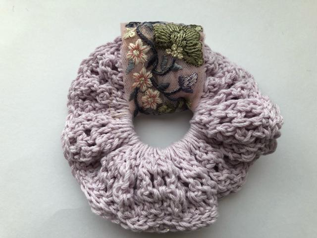 ハンドメイド 二重シュシュ コットン ラベンダー インドレース < 女性ファッション  ハンドメイド 二重シュシュ コットン ラベンダー インドレース < 女性ファッションの