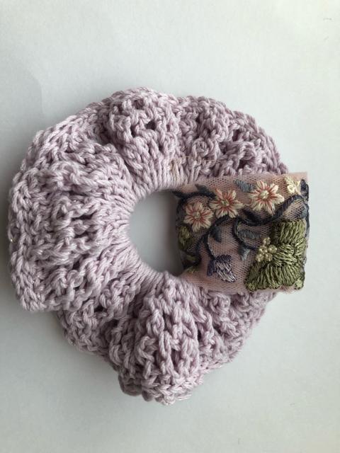 ハンドメイド 二重シュシュ コットン ラベンダー インドレース < 女性ファッション  ハンドメイド 二重シュシュ コットン ラベンダー インドレース < 女性ファッションの