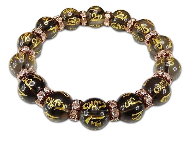 AA天然石茶水晶六字真言金箔彫り約12mmロンデルブレスレット厄除け < 男性アクセサリー/時計  AA天然石茶水晶六字真言金箔彫り約12mmロンデルブレスレット厄除け  < 男性アクセサリー/時計の