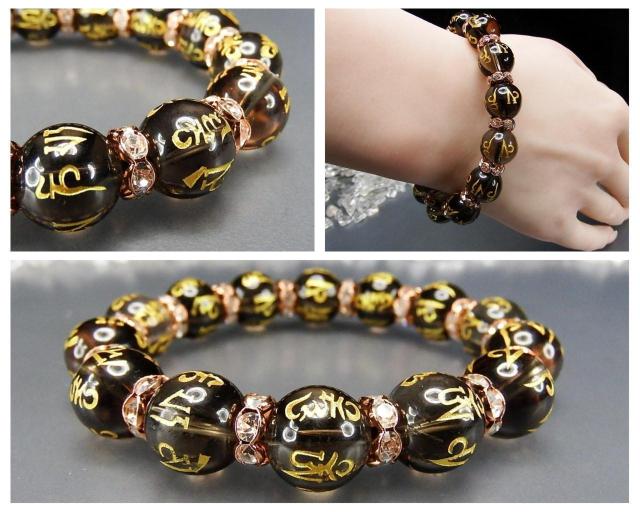 AA天然石茶水晶六字真言金箔彫り約12mmロンデルブレスレット厄除け < 男性アクセサリー/時計  AA天然石茶水晶六字真言金箔彫り約12mmロンデルブレスレット厄除け < 男性アクセサリー/時計の