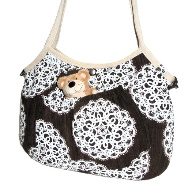 【マチなしグラニーバッグ】【Dカン付きショルダー対応】◆白ドイリーレース×茶地 < 女性ファッション 【マチなしグラニーバッグ】【Dカン付きショルダー対応】◆白ドイリーレース×茶地 < 女性ファッションの