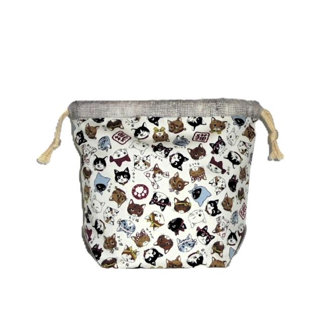 【底マチ幅が広い巾着】◆日本猫◆日本のねこちゃん図鑑・白×ベージュ◆裏地あり巾着 < 女性ファッション 【底マチ幅が広い巾着】◆日本猫◆日本のねこちゃん図鑑・白×ベージュ◆裏地あり巾着 < 女性ファッションの