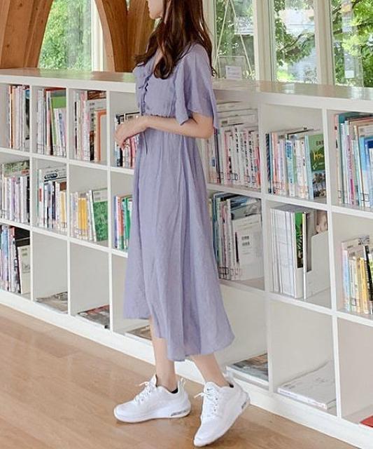 スタイルUP●フレンチスリーブワンピース●ラベンダー ライトパープル●韓流 韓国風 < 女性ファッション  スタイルUP●フレンチスリーブワンピース●ラベンダー ライトパープル●韓流 韓国風 < 女性ファッションの