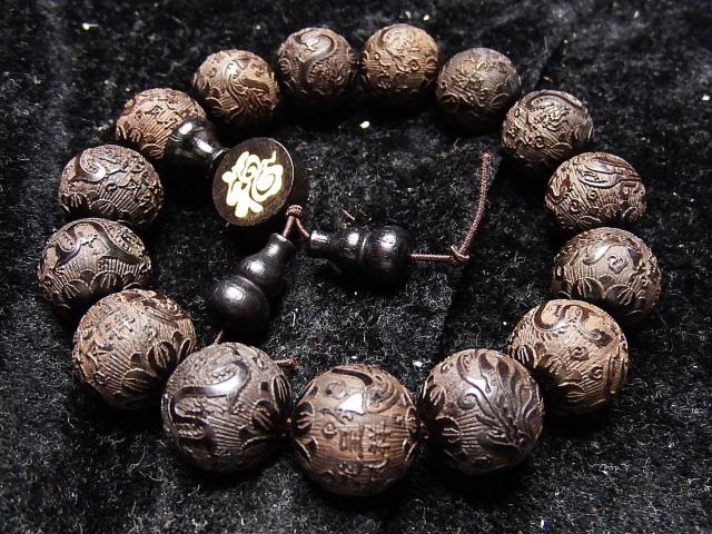 夫婦和合龍鳳呈祥精工彫り檀木15mm福文字弟子玉付木製数珠ブレスレット < 男性アクセサリー/時計  夫婦和合龍鳳呈祥精工彫り檀木15mm福文字弟子玉付木製数珠ブレスレット < 男性アクセサリー/時計の