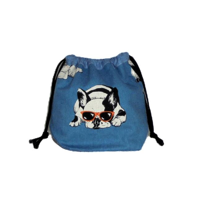 【底マチ幅が広い巾着】◆フレンチブルドック×ターコイズブルー地◆裏地あり巾着 < 女性ファッション 【底マチ幅が広い巾着】◆フレンチブルドック×ターコイズブルー地◆裏地あり巾着 < 女性ファッションの