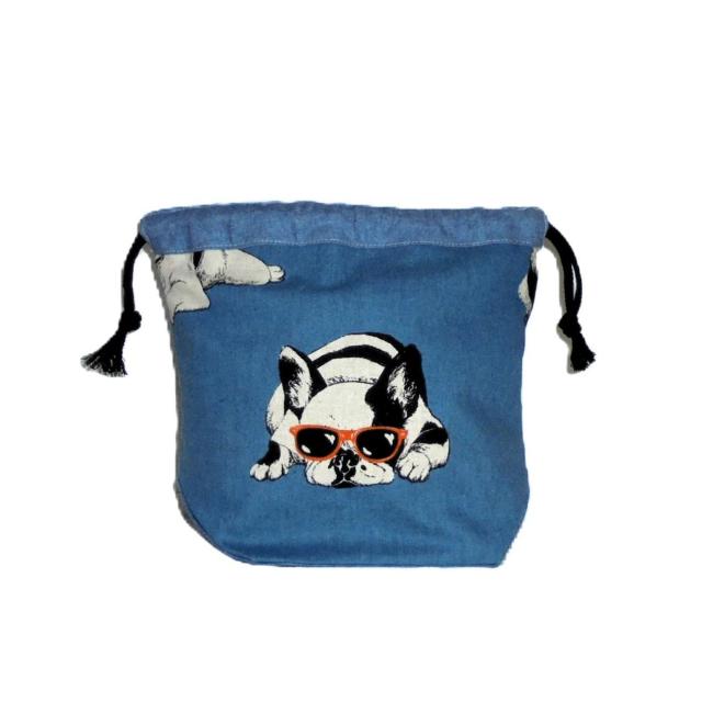【底マチ幅が広い巾着】◆フレンチブルドック×ターコイズブルー地◆裏地あり巾着 < 女性ファッション 【底マチ幅が広い巾着】◆フレンチブルドック×ターコイズブルー地◆裏地あり巾着 < 女性ファッションの