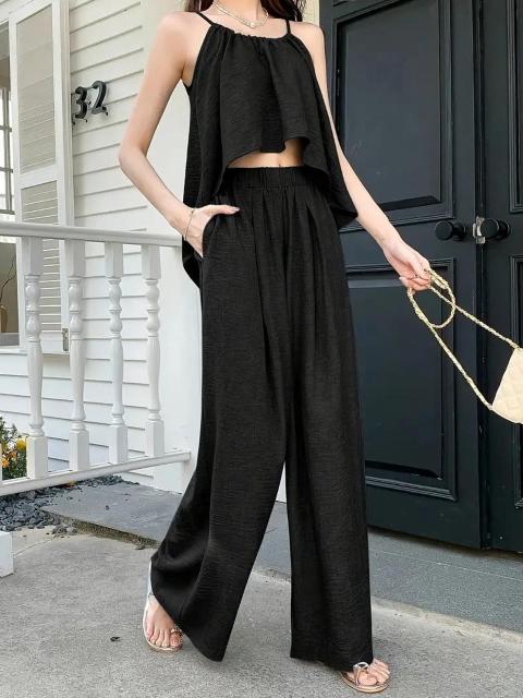 爆ヤス価格1990円★レディース 夏用 サスペンダーパンツセット ホルターネックトップ ワイドウエストパンツ 日本サイズM < 女性ファッション  爆ヤス価格1990円★レディース 夏用 サスペンダーパンツセット ホルターネックトップ ワイドウエストパンツ 日本サイズM < 女性ファッションの