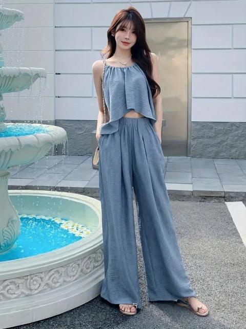 爆ヤス価格1990円★レディース 夏用 サスペンダーパンツセット ホルターネックトップ ワイドウエストパンツ 日本サイズM < 女性ファッション  爆ヤス価格1990円★レディース 夏用 サスペンダーパンツセット ホルターネックトップ ワイドウエストパンツ 日本サイズM < 女性ファッションの