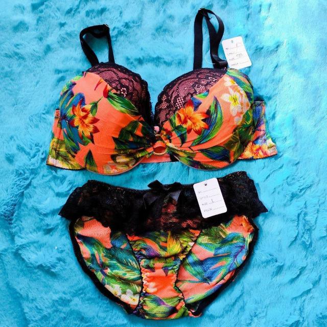 激カワッ。。。F80×L。。南国ボタニカル柄ブラジャー&ショーツセット。。大きいサイズグラマーネオンカラーヴィヴィッドオレンジ < 女性ファッション  激カワッ。。。F80×L。。南国ボタニカル柄ブラジャー&ショーツセット。。大きいサイズグラマーネオンカラーヴィヴィッドオレンジ  < 女性ファッションの