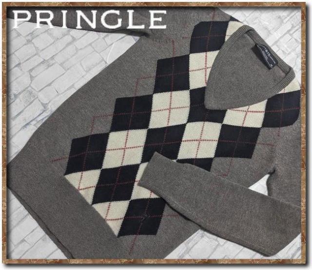 プリングル 刺繍入りVネックアーガイルニット 薄茶 < ブランド  プリングル 刺繍入りVネックアーガイルニット 薄茶  < ブランドの