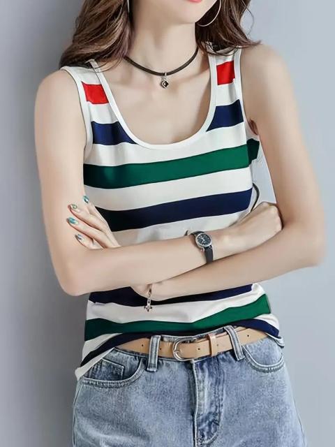 超お買い得990円★女性の夏用タンクトップ、ストライプ柄のポリエステルとスパンデックスのブレンド 日本サイズL < 女性ファッション  超お買い得990円★女性の夏用タンクトップ、ストライプ柄のポリエステルとスパンデックスのブレンド 日本サイズL < 女性ファッションの