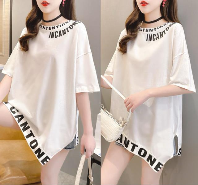 アシメロングtシャツ  ペイント英字ロゴ  裾不規則 ホワイト 大きいサイズ < 女性ファッション  アシメロングtシャツ  ペイント英字ロゴ  裾不規則 ホワイト 大きいサイズ  < 女性ファッションの
