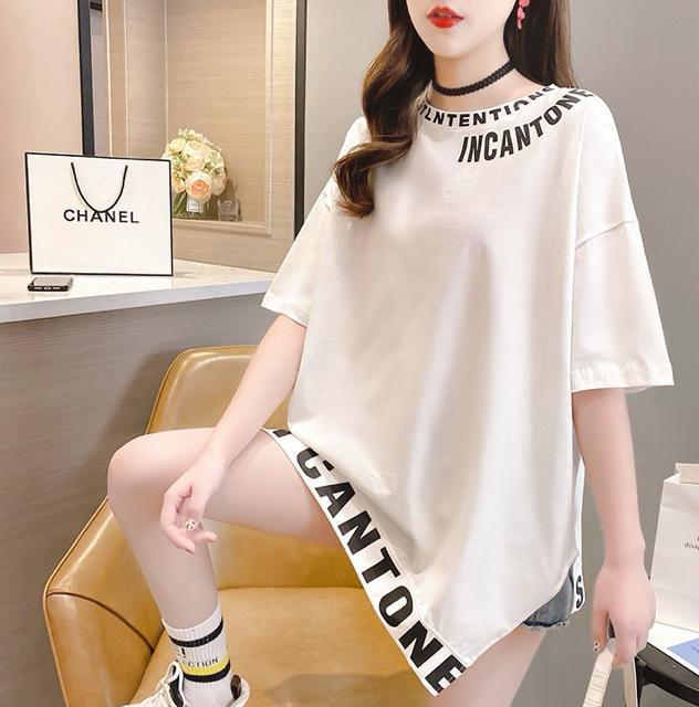 アシメロングtシャツ  ペイント英字ロゴ  裾不規則 ホワイト 大きいサイズ < 女性ファッション  アシメロングtシャツ  ペイント英字ロゴ  裾不規則 ホワイト 大きいサイズ < 女性ファッションの