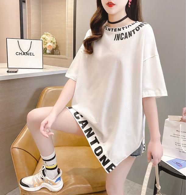 アシメロングtシャツ  ペイント英字ロゴ  裾不規則 ホワイト 大きいサイズ < 女性ファッション  アシメロングtシャツ  ペイント英字ロゴ  裾不規則 ホワイト 大きいサイズ < 女性ファッションの