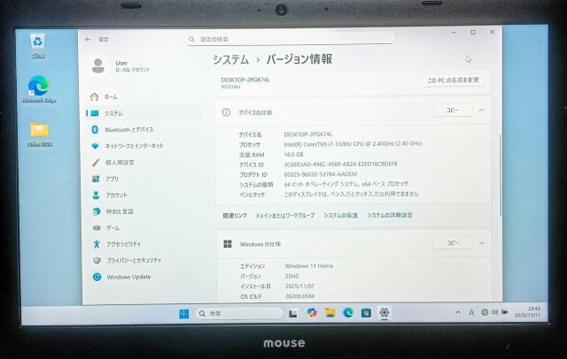 mouse Corei7 16GB SSD480GB Windows11 WebJ Windows11 m[gp\R  PC{/Ӌ@ 