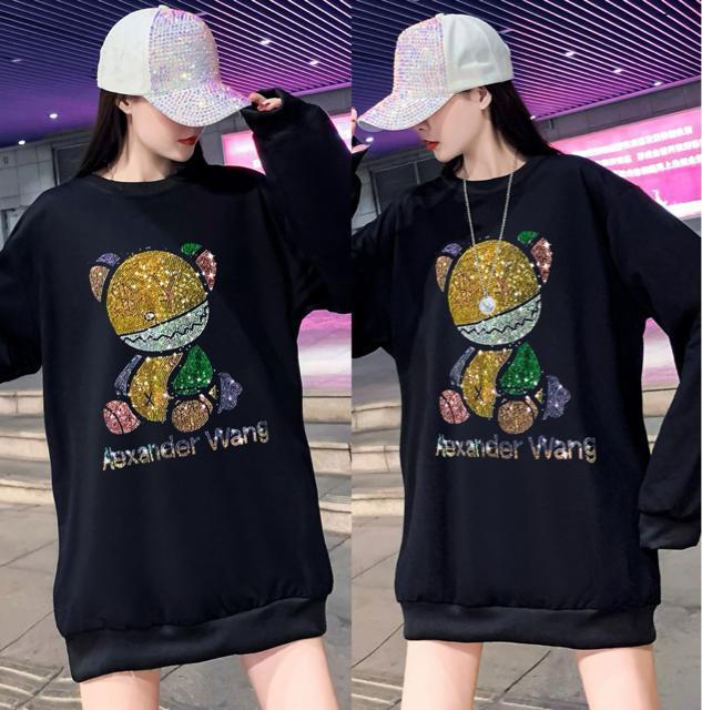 トレーナー キラキララインストーン付き カラフルクマ柄 長袖 ブラック 大きいサイズ < 女性ファッション  トレーナー キラキララインストーン付き カラフルクマ柄 長袖 ブラック 大きいサイズ  < 女性ファッションの