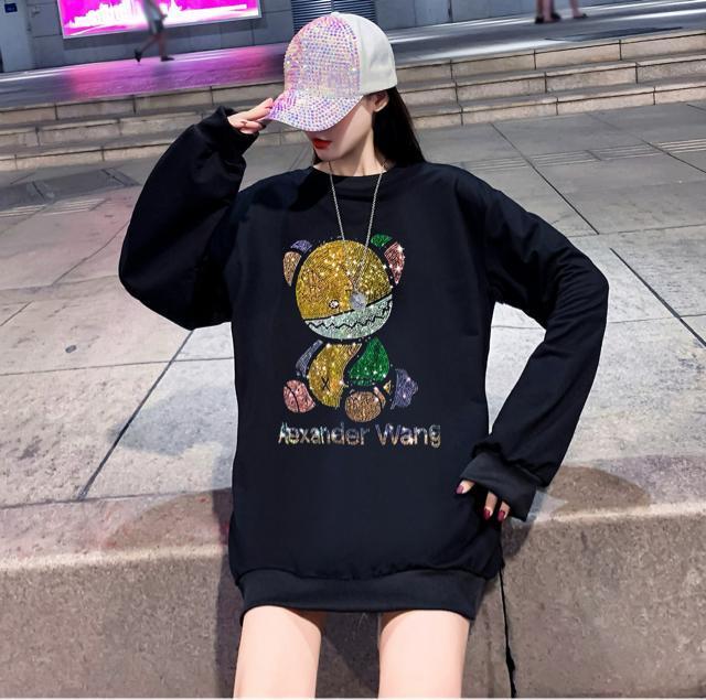 トレーナー キラキララインストーン付き カラフルクマ柄 長袖 ブラック 大きいサイズ < 女性ファッション  トレーナー キラキララインストーン付き カラフルクマ柄 長袖 ブラック 大きいサイズ < 女性ファッションの