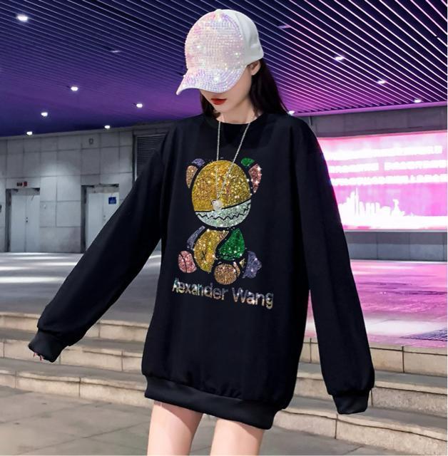トレーナー キラキララインストーン付き カラフルクマ柄 長袖 ブラック 大きいサイズ < 女性ファッション  トレーナー キラキララインストーン付き カラフルクマ柄 長袖 ブラック 大きいサイズ < 女性ファッションの
