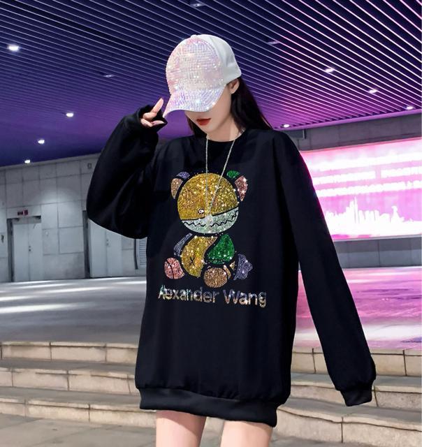 トレーナー キラキララインストーン付き カラフルクマ柄 長袖 ブラック 大きいサイズ < 女性ファッション  トレーナー キラキララインストーン付き カラフルクマ柄 長袖 ブラック 大きいサイズ < 女性ファッションの