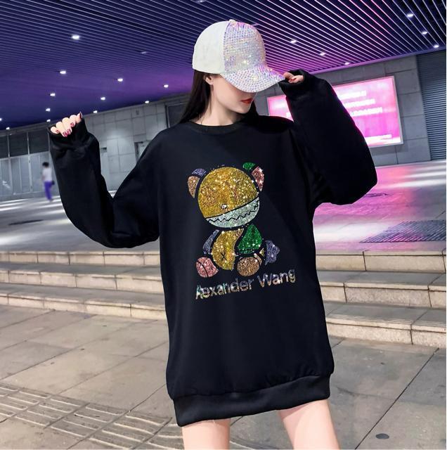 トレーナー キラキララインストーン付き カラフルクマ柄 長袖 ブラック 大きいサイズ < 女性ファッション  トレーナー キラキララインストーン付き カラフルクマ柄 長袖 ブラック 大きいサイズ < 女性ファッションの