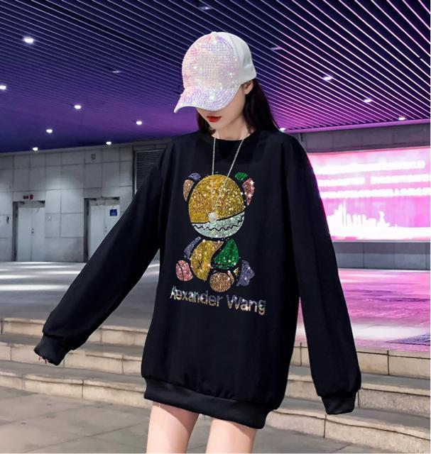 トレーナー キラキララインストーン付き カラフルクマ柄 長袖 ブラック 大きいサイズ < 女性ファッション  トレーナー キラキララインストーン付き カラフルクマ柄 長袖 ブラック 大きいサイズ < 女性ファッションの