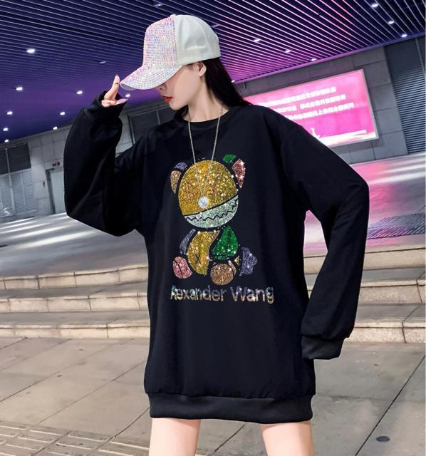 トレーナー キラキララインストーン付き カラフルクマ柄 長袖 ブラック 大きいサイズ < 女性ファッション  トレーナー キラキララインストーン付き カラフルクマ柄 長袖 ブラック 大きいサイズ < 女性ファッションの