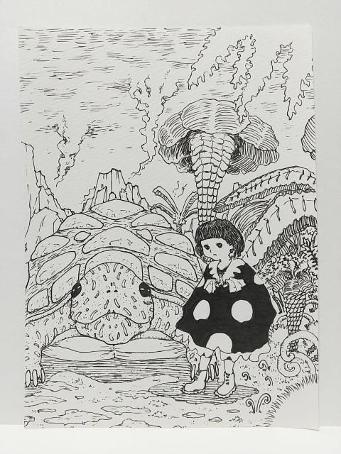 オリジナルイラスト 手描きイラスト 原始 ジャングル 亀 女の子 絵 原画 白黒 ハンドメイド モノクロ アナログ アート < アニメ/コミック/キャラクター  オリジナルイラスト 手描きイラスト 原始 ジャングル 亀 女の子 絵 原画 白黒 ハンドメイド モノクロ アナログ アート  < アニメ/コミック/キャラクターの