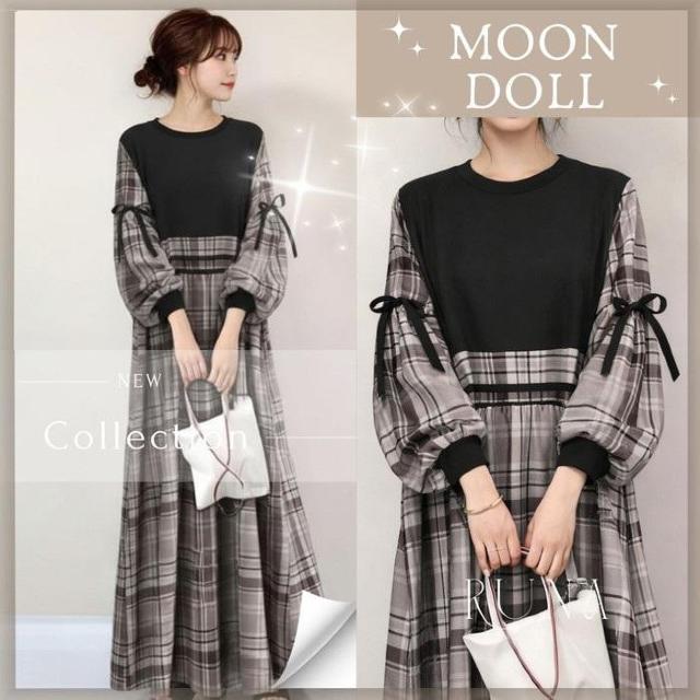 〜2L*ぽわん袖りぼん付ドッキングチェック柄ロングワンヒ < 女性ファッション 〜2L*ぽわん袖りぼん付ドッキングチェック柄ロングワンヒ < 女性ファッションの
