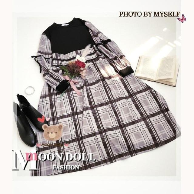 〜2L*ぽわん袖りぼん付ドッキングチェック柄ロングワンヒ < 女性ファッション 〜2L*ぽわん袖りぼん付ドッキングチェック柄ロングワンヒ < 女性ファッションの