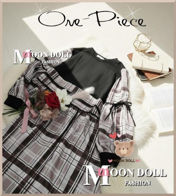 〜2L*ぽわん袖りぼん付ドッキングチェック柄ロングワンヒ < 女性ファッション 〜2L*ぽわん袖りぼん付ドッキングチェック柄ロングワンヒ < 女性ファッションの