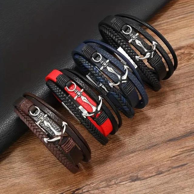 爆ヤス価格590円★男性用のファンキースタイルのアンカーチャームが付いたレザーブレスレット - ブラックPUレザー 赤 < 男性アクセサリー/時計  爆ヤス価格590円★男性用のファンキースタイルのアンカーチャームが付いたレザーブレスレット - ブラックPUレザー 赤 < 男性アクセサリー/時計の