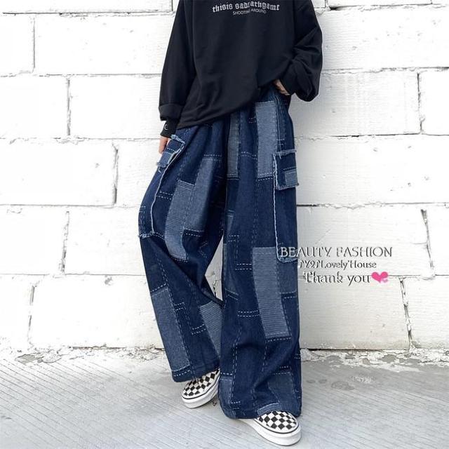 〜3L4L*パッチワーク風ゆるだぼワイドデニムパンツ < 女性ファッション 〜3L4L*パッチワーク風ゆるだぼワイドデニムパンツ < 女性ファッションの