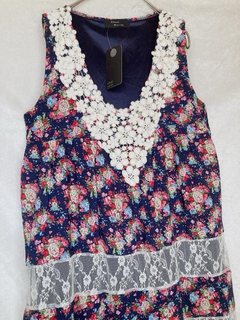 新品 silent worth 花柄 ノースリ Aライン ワンピース ネイビー N2m < 女性ファッション  新品 silent worth 花柄 ノースリ Aライン ワンピース ネイビー N2m < 女性ファッションの
