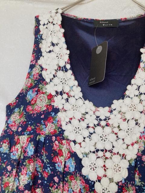 新品 silent worth 花柄 ノースリ Aライン ワンピース ネイビー N2m < 女性ファッション  新品 silent worth 花柄 ノースリ Aライン ワンピース ネイビー N2m < 女性ファッションの